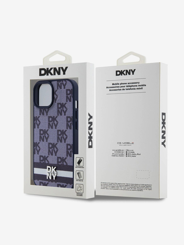 DKNY DKNY PU kožený zadný kryt so šachovnicovým vzorom a pruhmi pre iPhone 15 modrý