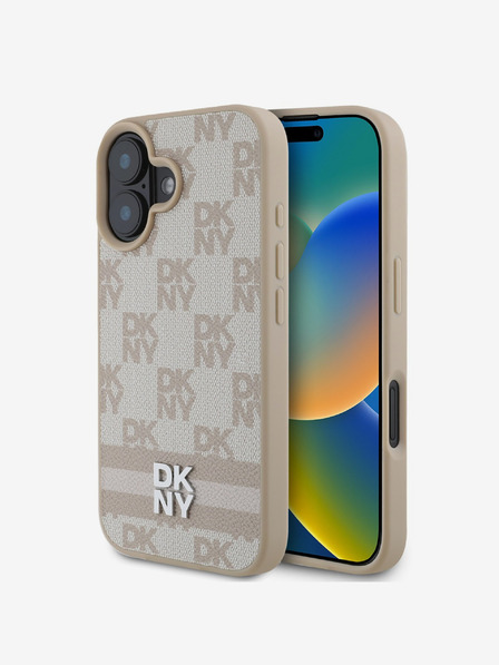 DKNY DKNY PU kožený zadný kryt so šachovnicovým vzorom a pruhmi pre iPhone 16 ružový
