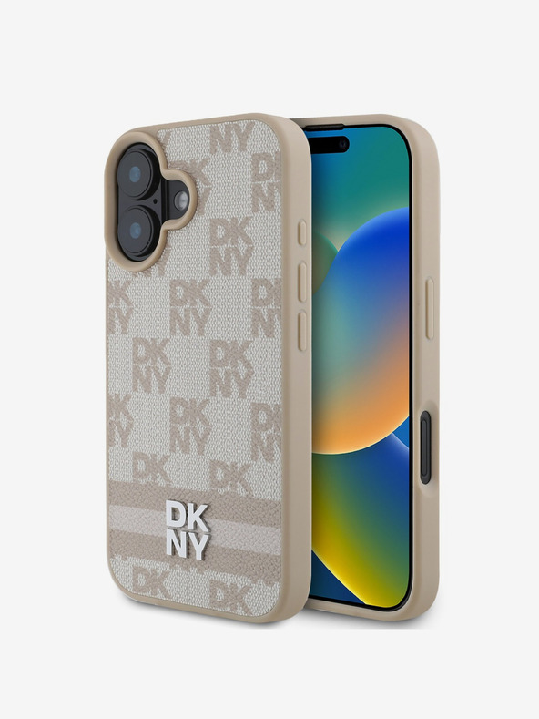 DKNY DKNY PU kožený zadný kryt so šachovnicovým vzorom a pruhmi pre iPhone 16 ružový