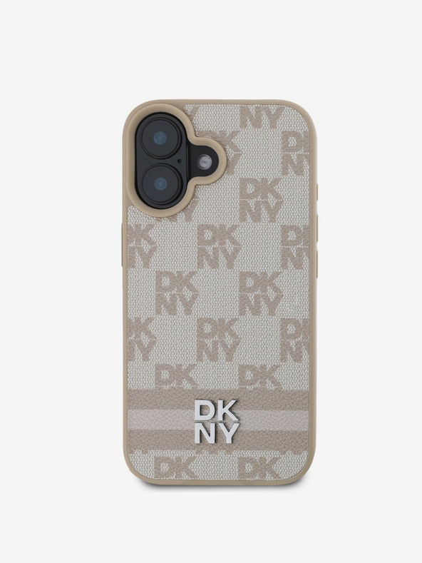 DKNY DKNY PU kožený zadný kryt so šachovnicovým vzorom a pruhmi pre iPhone 16 ružový