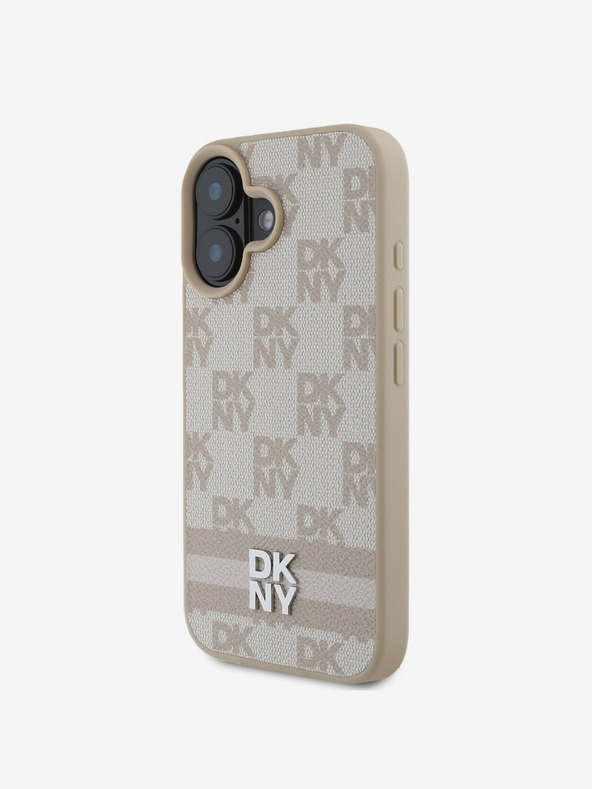 DKNY DKNY PU kožený zadný kryt so šachovnicovým vzorom a pruhmi pre iPhone 16 ružový
