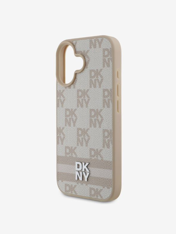 DKNY DKNY PU kožený zadný kryt so šachovnicovým vzorom a pruhmi pre iPhone 16 ružový