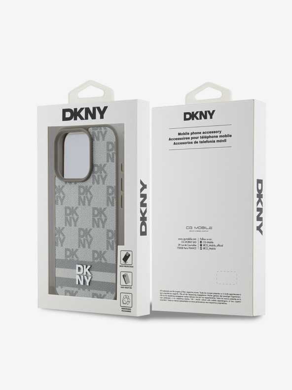 DKNY DKNY PU kožený károvaný vzor a pruhovaný zadný kryt pre iPhone 16 Pro Max béžový
