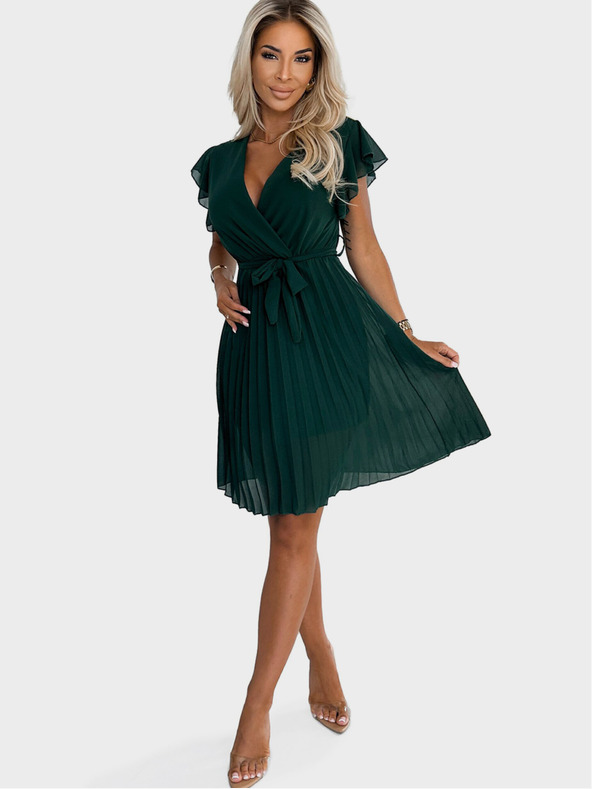 numoco Šifónové šaty s volánom a výstrihom - zelené Numoco