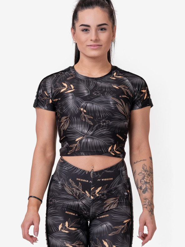 Nebbia Čierne dámske vzorované cropped tričko Nebbia