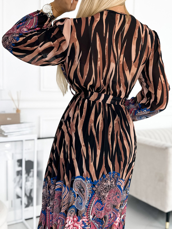 numoco Plisované šaty s výstrihom, dlhými rukávmi a zaväzovaním v páse - tigrovaný vzor + ružové kvety Numoco
