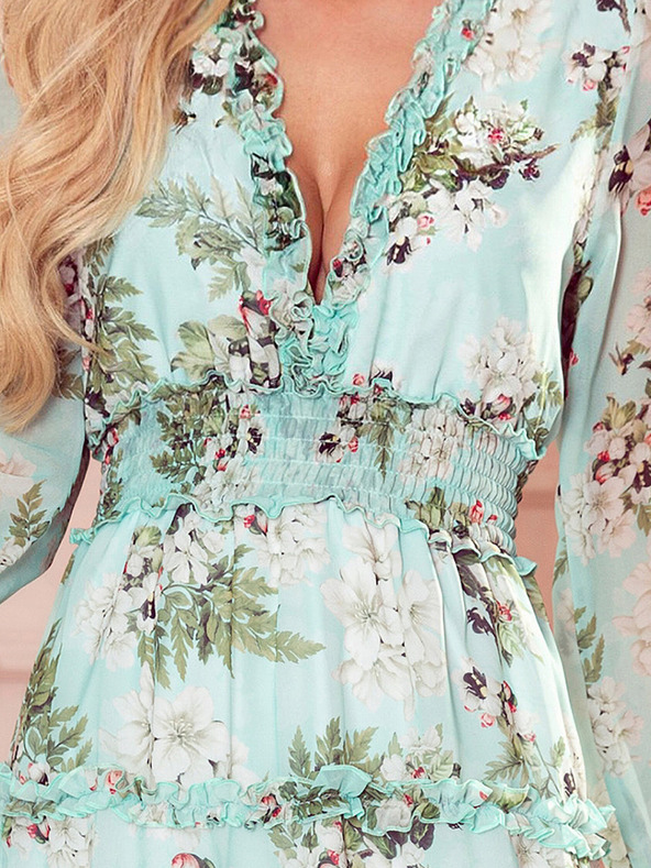 numoco Šifónové šaty s volánmi a širokým elastickým pásom - kvety na zelenom pozadí Numoco