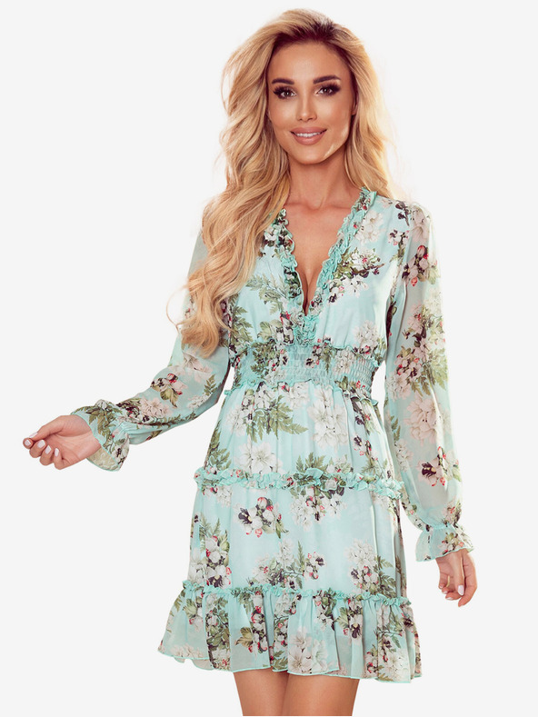 numoco Šifónové šaty s volánmi a širokým elastickým pásom - kvety na zelenom pozadí Numoco