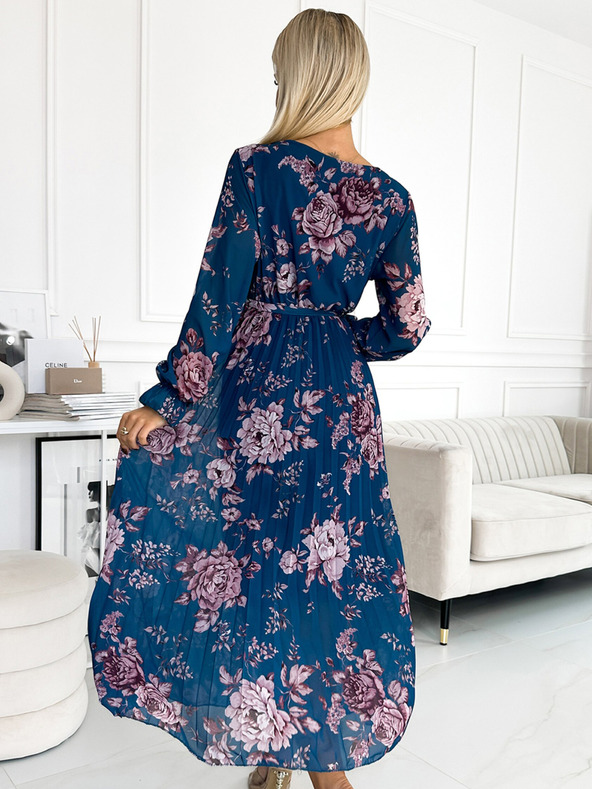 numoco Plisované šifónové dlhé šaty s výstrihom, dlhými rukávmi a opaskom - modré s kvetmi Numoco