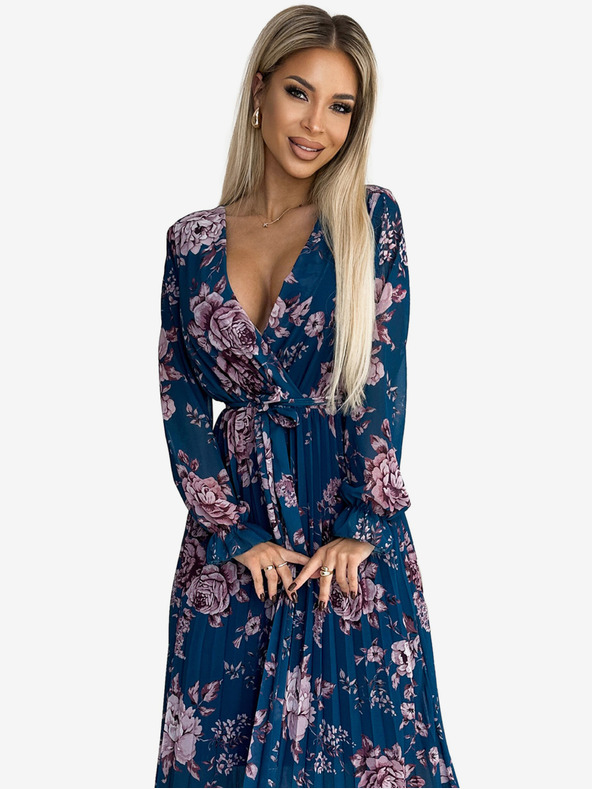 numoco Plisované šifónové dlhé šaty s výstrihom, dlhými rukávmi a opaskom - modré s kvetmi Numoco