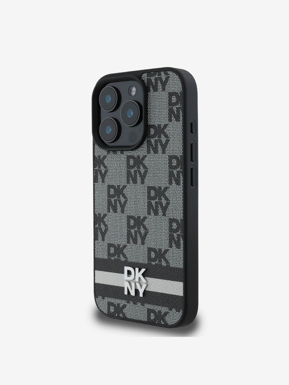 DKNY DKNY PU kožený zadný kryt so šachovnicovým vzorom a pruhmi pre iPhone 16 Pro Max čierny