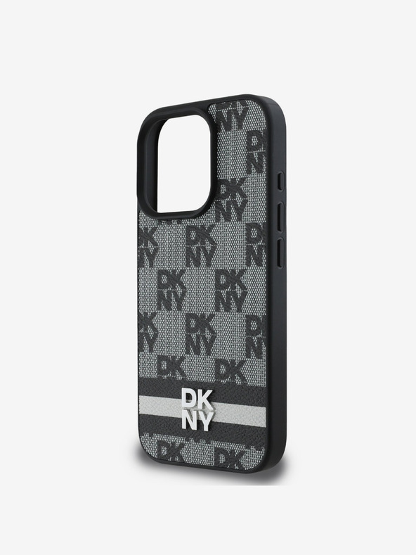 DKNY DKNY PU kožený zadný kryt so šachovnicovým vzorom a pruhmi pre iPhone 16 Pro Max čierny