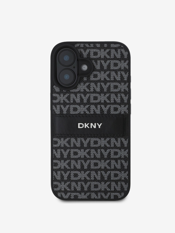 DKNY DKNY PU kožený zadný kryt s opakujúcim sa vzorom s tonálnym prúžkom pre iPhone 16 Plus čierny