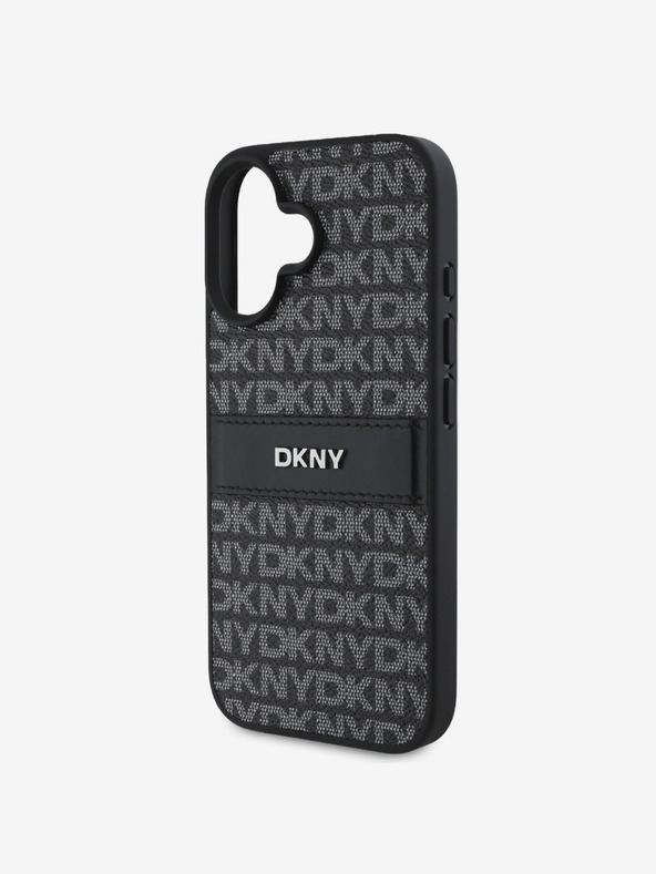 DKNY DKNY PU kožený zadný kryt s opakujúcim sa vzorom s tonálnym prúžkom pre iPhone 16 Plus čierny