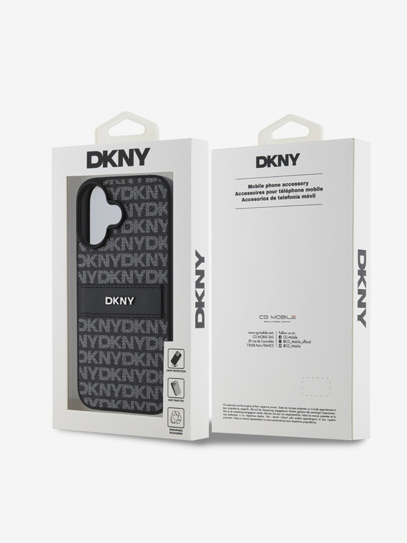 DKNY DKNY PU kožený zadný kryt s opakujúcim sa vzorom s tonálnym prúžkom pre iPhone 16 Plus čierny