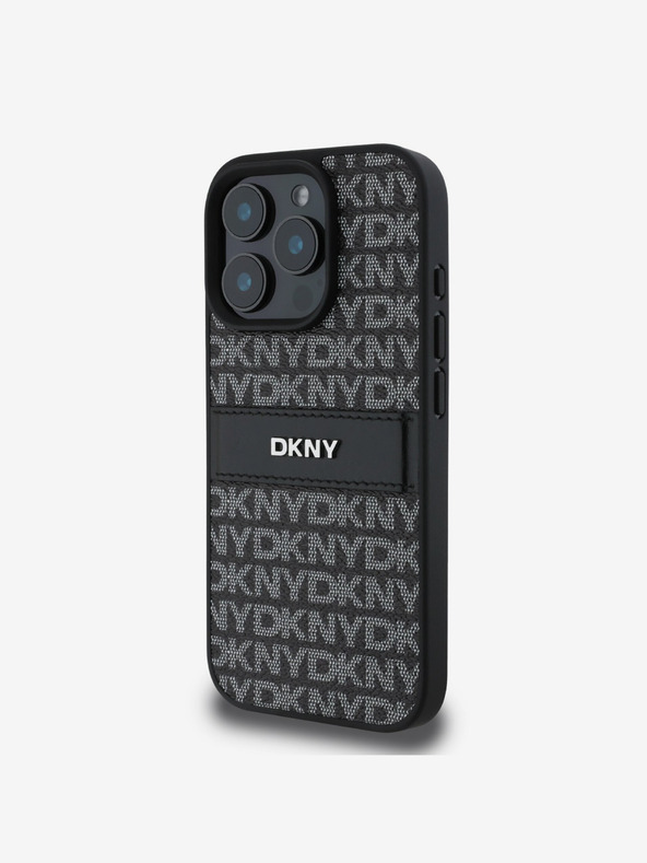 DKNY DKNY PU kožený zadný kryt s opakujúcim sa vzorom s tónovaným prúžkom pre iPhone 16 Pro Max čierny