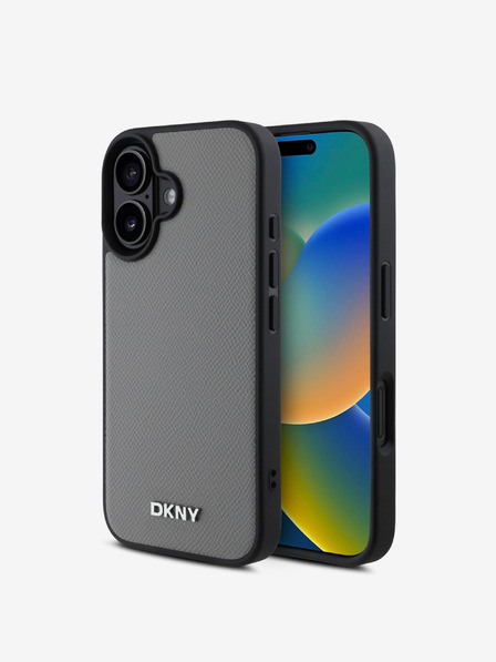 DKNY PU Leather Silver Metal Logo Magsafe iPhone 16 Grey Obal na telefón