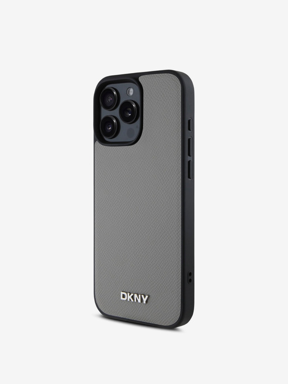 DKNY PU Leather Silver Metal Logo Magsafe iPhone 16 Pro Grey Obal na telefón