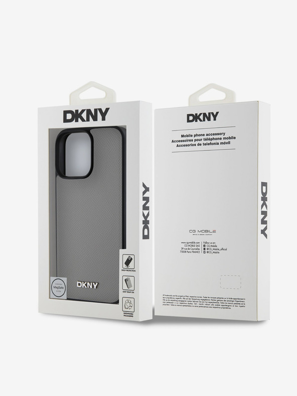 DKNY PU Leather Silver Metal Logo Magsafe iPhone 16 Pro Grey Obal na telefón