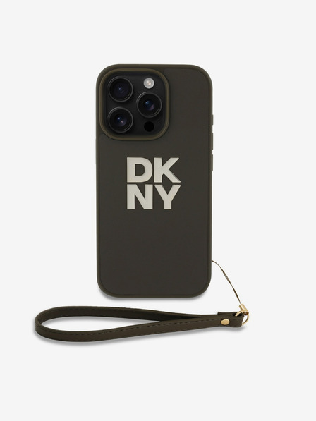 DKNY PU Leather Stack Logo Wrist Strap iPhone 16 Pro Green Obal na telefón