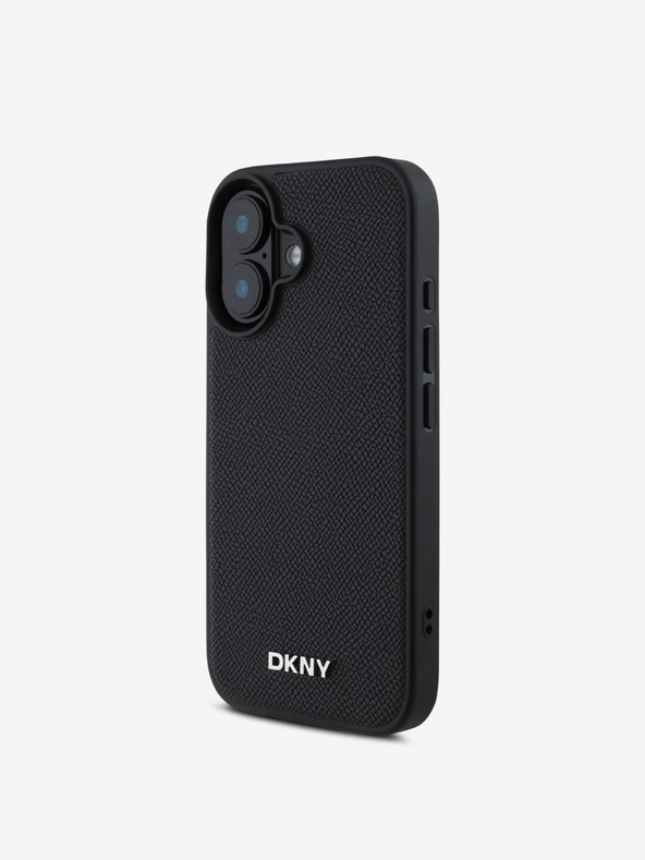 DKNY DKNY PU kožený strieborný kovový kryt s logom Magsafe pre iPhone 16 Plus čierny