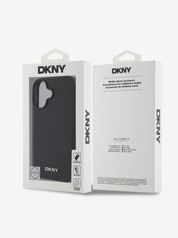 DKNY DKNY PU kožený strieborný kovový kryt s logom Magsafe pre iPhone 16 Plus čierny