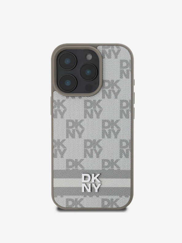 DKNY DKNY PU kožený zadný kryt s károvaným vzorom a pruhmi pre iPhone 16 Pro béžový