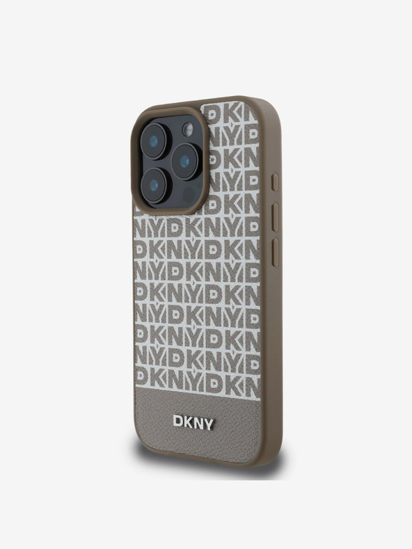 DKNY DKNY PU kožený zadný kryt MagSafe s opakovaným vzorom spodného pruhu pre iPhone 16 Pro hnedý