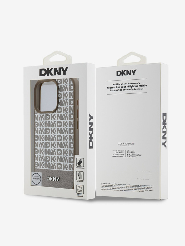 DKNY DKNY PU kožený zadný kryt MagSafe s opakovaným vzorom spodného pruhu pre iPhone 16 Pro hnedý