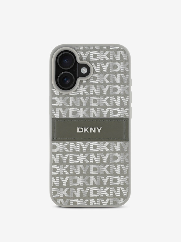 DKNY DKNY PU kožený zadný kryt s opakujúcim sa vzorom s tonálnym prúžkom pre iPhone 16 béžový