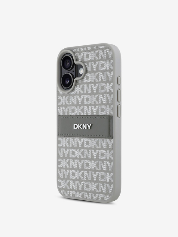 DKNY DKNY PU kožený zadný kryt s opakujúcim sa vzorom s tonálnym prúžkom pre iPhone 16 béžový