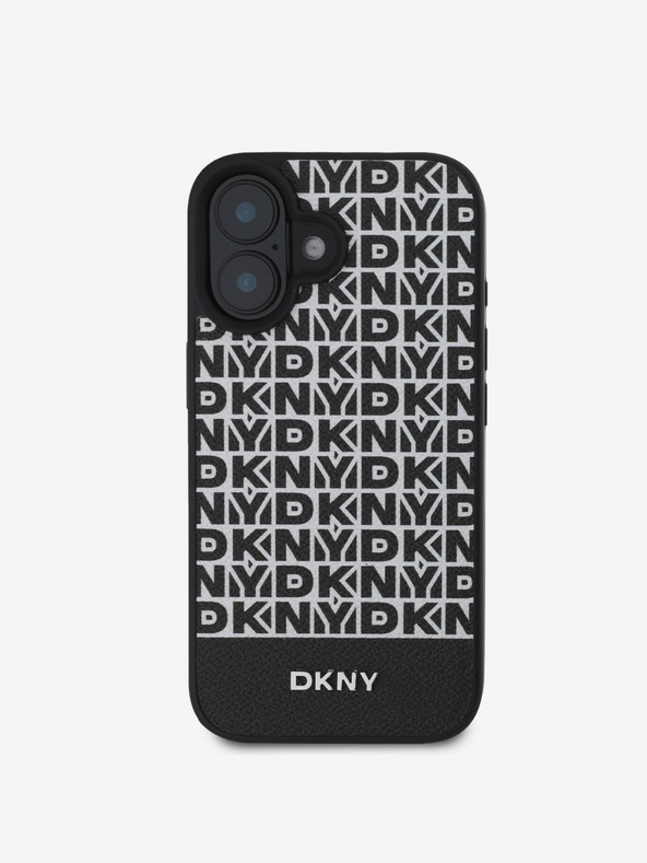 DKNY DKNY PU kožený opakujúci sa vzor spodného pruhu MagSafe zadný kryt pre iPhone 16 Plus čierny