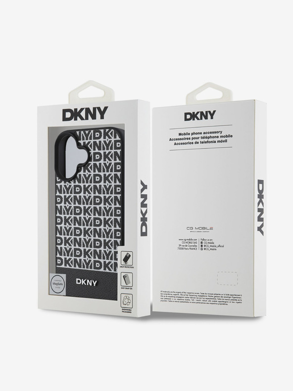 DKNY DKNY PU kožený opakujúci sa vzor spodného pruhu MagSafe zadný kryt pre iPhone 16 Plus čierny