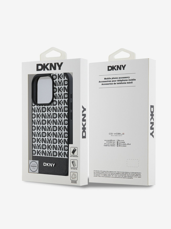 DKNY DKNY PU kožený zadný kryt MagSafe Repeat Pattern Bottom Stripe pre iPhone 16 Pro Max Black