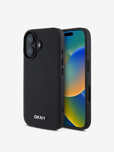 DKNY DKNY PU kožený strieborný zadný kryt s kovovým logom Magsafe pre iPhone 16 čierny