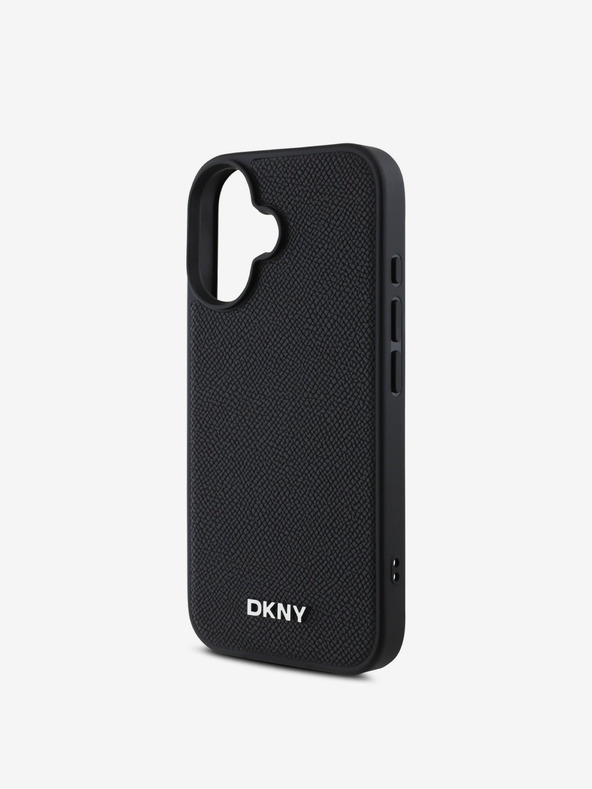 DKNY DKNY PU kožený strieborný zadný kryt s kovovým logom Magsafe pre iPhone 16 čierny