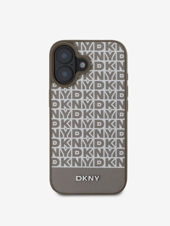 DKNY DKNY PU kožený zadný kryt MagSafe s opakovaným vzorom spodného pruhu pre iPhone 16 hnedý