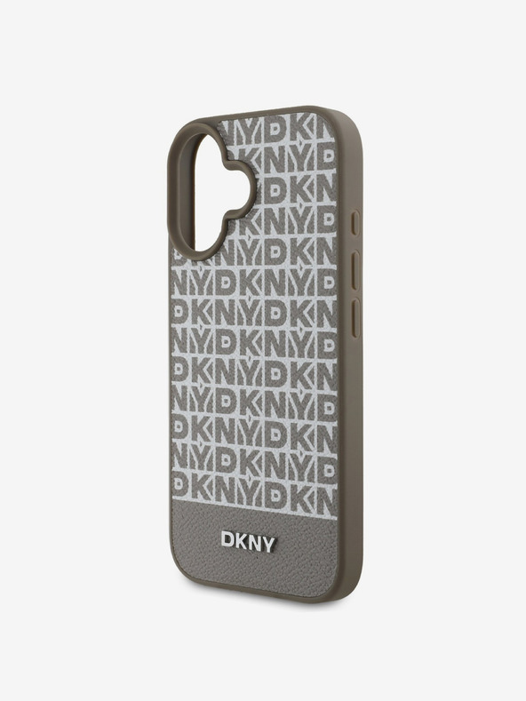 DKNY DKNY PU kožený zadný kryt MagSafe s opakovaným vzorom spodného pruhu pre iPhone 16 hnedý