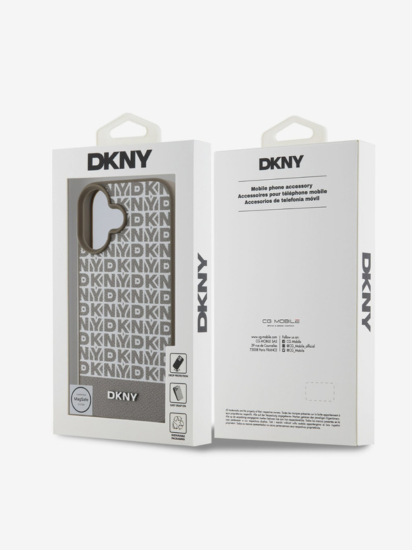 DKNY DKNY PU kožený zadný kryt MagSafe s opakovaným vzorom spodného pruhu pre iPhone 16 hnedý