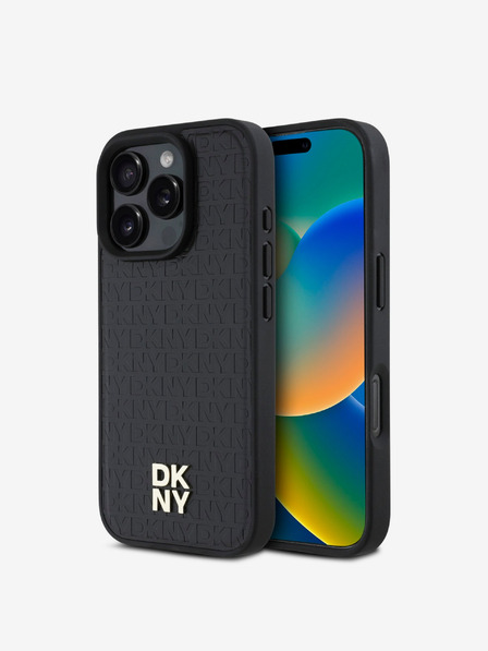 DKNY DKNY PU kožený zadný kryt s opakujúcim sa vzorom Stack Logo MagSafe pre iPhone 16 Pro Max čierny