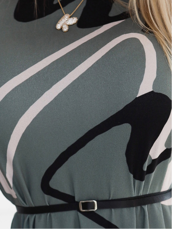 numoco Svetrové šaty s opaskom - olivové s čiernym a béžovým vzorom Numoco