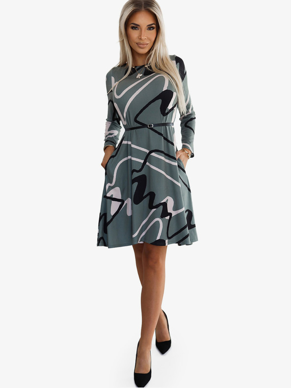 numoco Svetrové šaty s opaskom - olivové s čiernym a béžovým vzorom Numoco