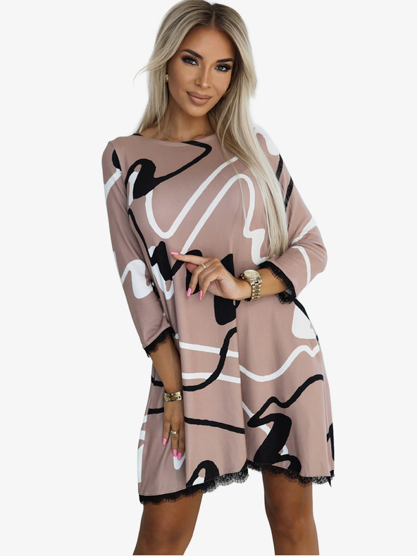 numoco Čipkované svetrové šaty - béžové s čiernobielym vzorom Numoco