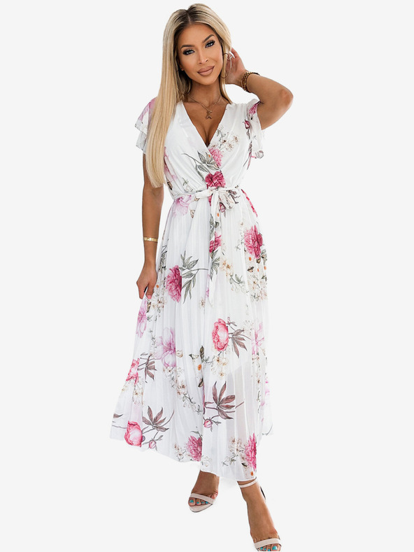 numoco Plisované midi šaty s výstrihom a volánmi - jarné kvety na bielom pozadí Numoco LISA