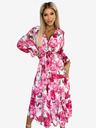 numoco Midi šaty s výstrihom a opaskom - ružové ruže na bielom podklade Numoco VALENTINA