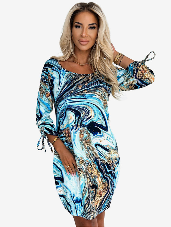 numoco Pohodlné oversize šaty s vreckami - modrá a zlatá vlna Numoco SOPHIE