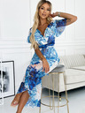 numoco Šaty s výstrihom, dlhým zaväzovaním v páse a krátkymi rukávmi - modré veľké kvety - sieťovina Numoco CINZIA