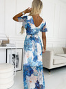 numoco Šaty s výstrihom, dlhým zaväzovaním v páse a krátkymi rukávmi - modré veľké kvety - sieťovina Numoco CINZIA