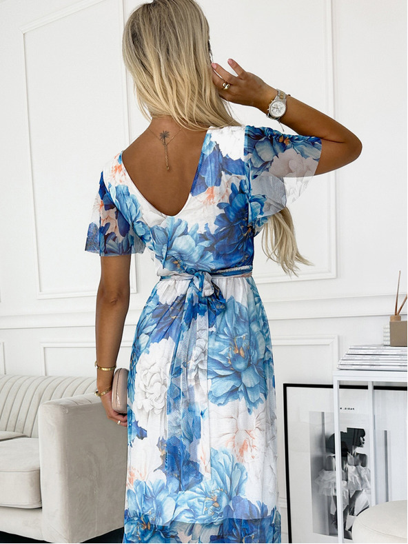 numoco Šaty s výstrihom, dlhým zaväzovaním v páse a krátkymi rukávmi - modré veľké kvety - sieťovina Numoco CINZIA