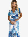 numoco Šaty s výstrihom, dlhým zaväzovaním v páse a krátkymi rukávmi - modré veľké kvety - sieťovina Numoco CINZIA